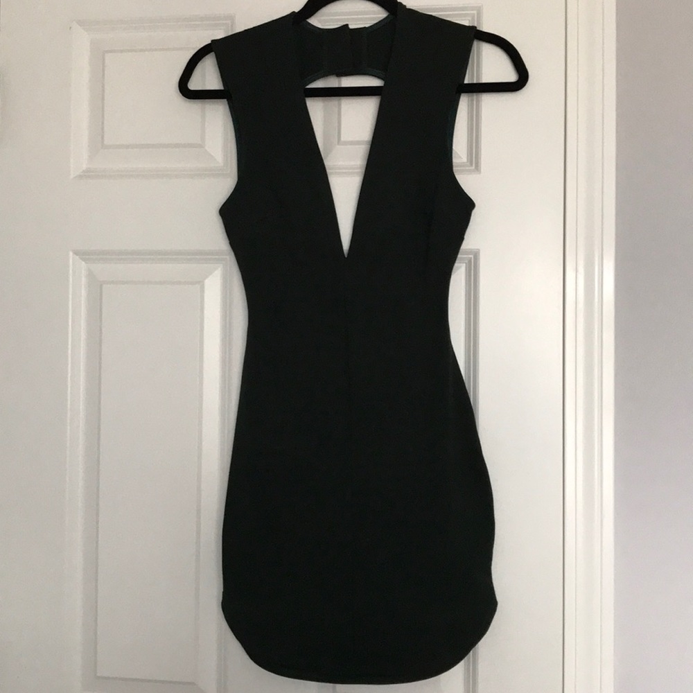 Dark green, open back, v-neck dress